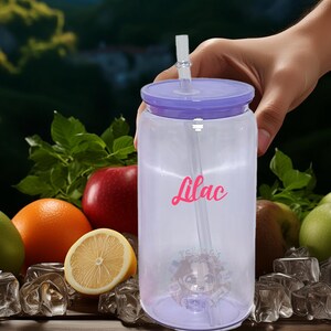 May include: A clear plastic reusable water bottle with a purple lid and a straw. The bottle has the word "Lilac" written on it in pink lettering.