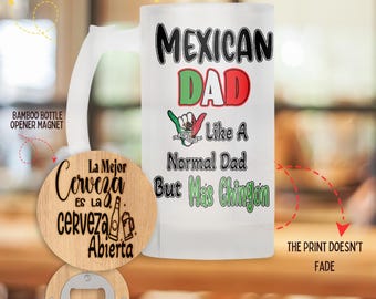 Dia Del Padre Gift Set: Frosted Beer Mug, Bamboo Opener & Blue Satin Bow
