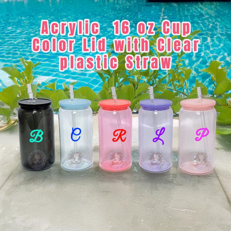 May include: Five 16 ounce acrylic cups with clear plastic straws and colored lids. The lids are black, blue, pink, purple, and clear. Each cup has a letter on the side: B, C, R, L, and P.