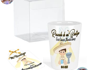Recuerdo para Bautizo de Niño, Set de 12shots, caja de regalo, tarjeta de agradecimiento y lazo de satin indicidual.