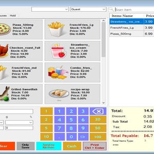 Può includere: Interfaccia di un sistema di punto vendita (POS) che mostra un menu di articoli alimentari. L'interfaccia include pulsanti per categorie come pollo, pizza e gelato, insieme ai dettagli degli articoli e al totale.