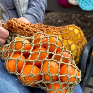 May include: A green crocheted mesh bag filled with oranges and lemons. The bag is being held by a person wearing blue jeans.
