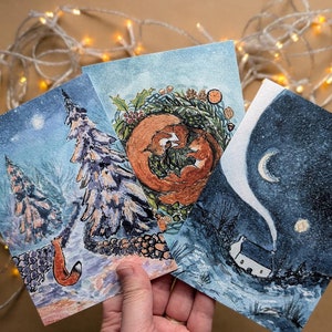 PACOTE DE 3 | Cartões de Natal de animais exclusivos | Cartão de felicitações em branco A6 | Desenho de vida selvagem ilustrado à mão em tinta e aquarela