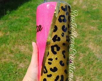 Glitter Cheetah Print Tumbler | Pink Glitter Tumbler | Leopard Print Tumbler | Gift for her | Glitter Leopard Tumbler