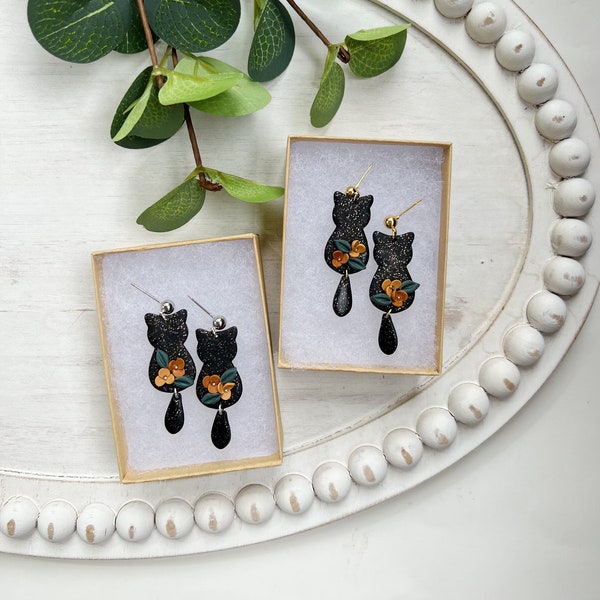 CAT DANGLES | Handmade Clay Earrings | 24k Gold Plated | 925 Sterling Silver | Polymer Clay | Lightweight | Small Earrings | Gifts for Her