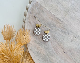 CHECKERBOARD | Handmade Clay Earrings | 24k Gold Plated | Polymer Clay | Minimal | Lightweight | Gifts for Her | Fall Autumn Earrings
