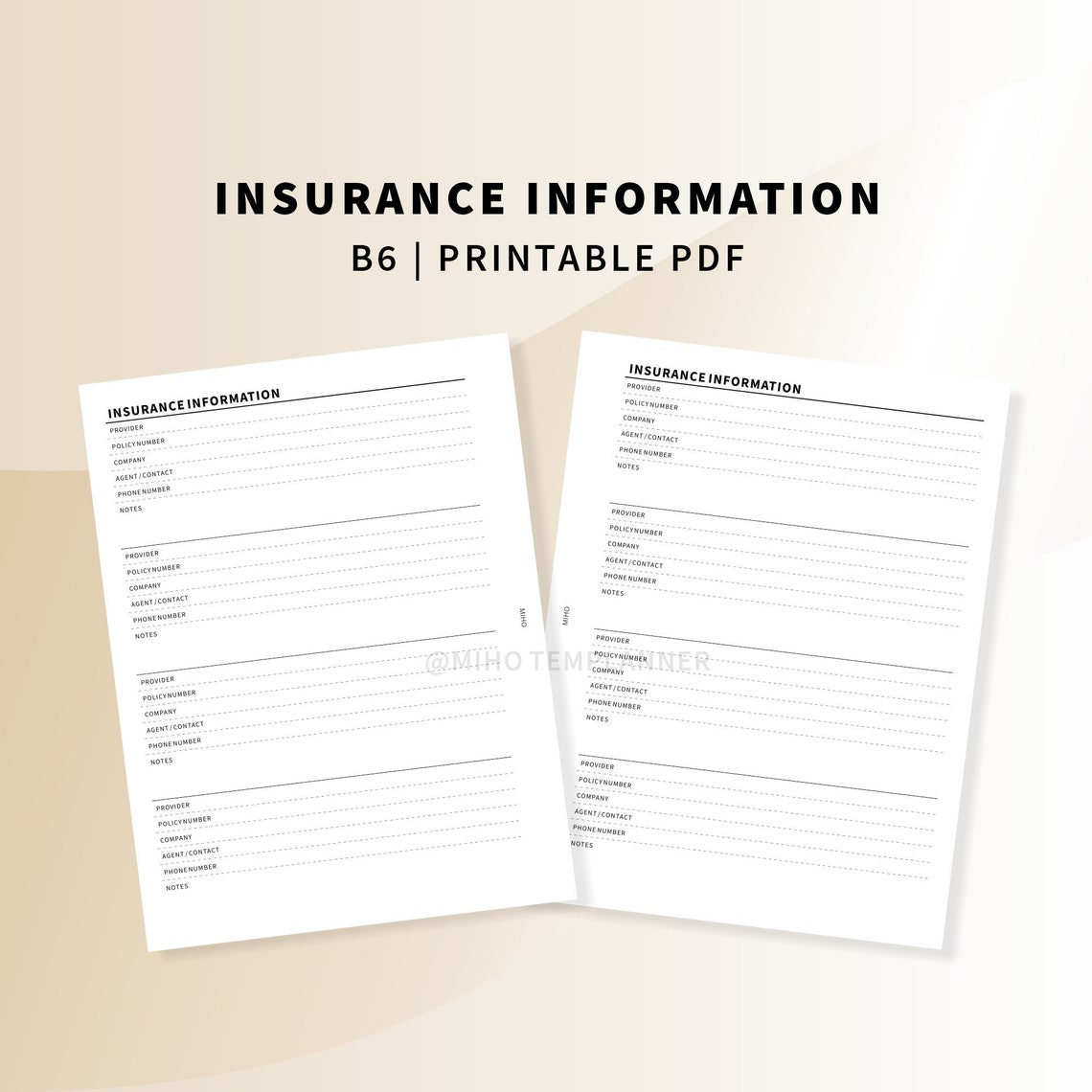 Medical Information Insurance Contact List Printable B6 size | Etsy