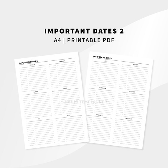Important Dates Printable A4 size inserts PDF102 | Etsy
