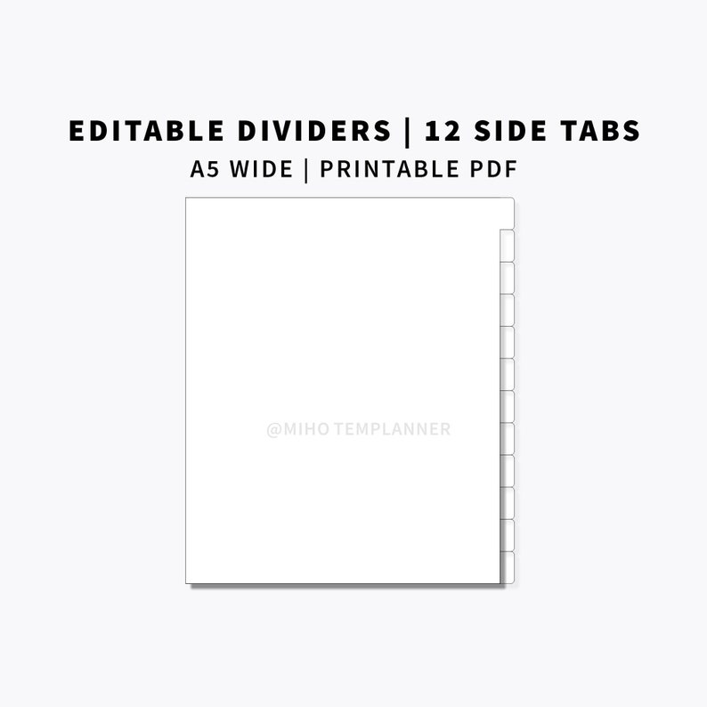 Printable Planner Dividers Template A5 Wide Editable Side 12 | Etsy