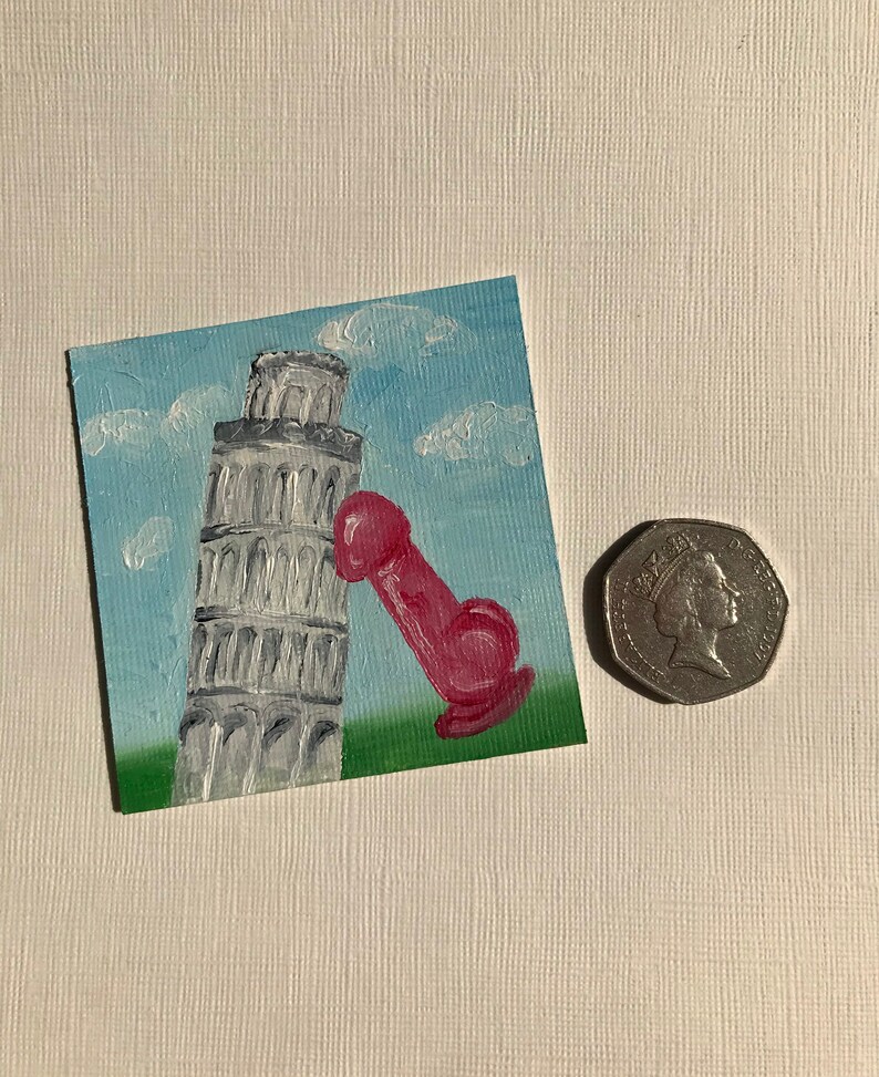 Lil Pink Dildo at The Leaning Tower of Pisa original small oil painting