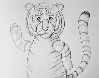 Tiger Toy, Hello, Original Illustration, print, black and white