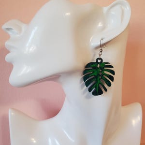 Monstera leaf earrings, hand painted houseplant earrings, tropical dangles