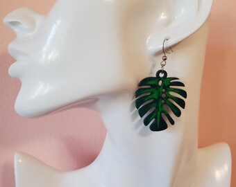 Houseplant Monstera Leaf earrings, Handpainted Nature Jewelry