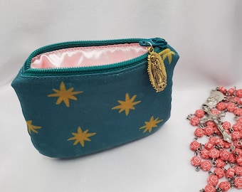 Marian Catholic Pouch with Guadalupe Stars, Our Lady Medal, Durable Rosary Case
