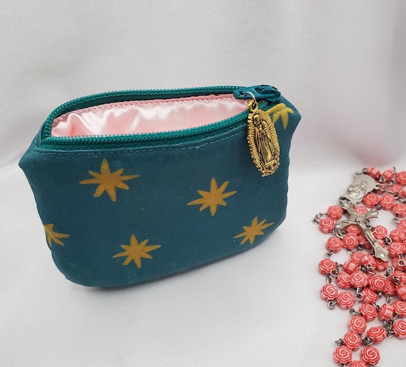 Marian Catholic Pouch with Guadalupe Stars, Our Lady Medal, Durable Rosary Case