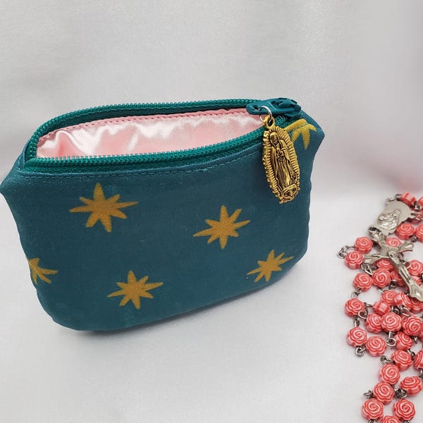 Marian Catholic Pouch with Guadalupe Stars, Our Lady Medal, Durable Rosary Case