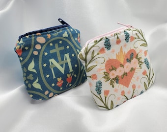 Rosary Pouch, Mini Handmade Bag for Jewelry with Sacred and Immaculate Hearts
