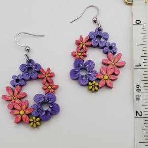 Purple and pink flower boho earrings, hand painted pretty flower earring dangles