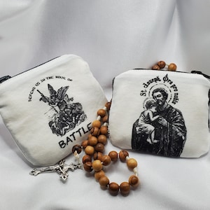 St Joseph or Archangel Michael Rosary Pouch, Mini Zippered Rosary Beads Bag