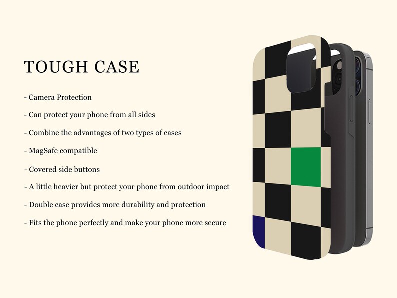 K&ouml;nnte beinhalten: Eine schwarz-wei&szlig;e Schachbrett-Handyh&uuml;lle mit einem gr&uuml;nen Quadrat in der Mitte. Die H&uuml;lle besteht aus zwei Schichten f&uuml;r zus&auml;tzlichen Schutz. Der Text "TOUGH CASE" ist oben im Bild sichtbar.