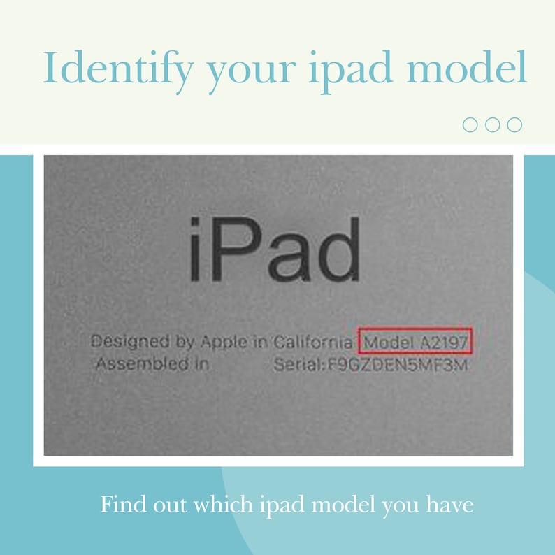 May include: Image shows the back of an iPad with the text "iPad" and "Model A2197" highlighted in a red box. The text "Identify your ipad model" and "Find out which ipad model you have" are also visible.
