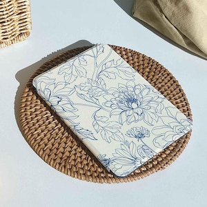 Blue Line Flowers Personalised Kindle Case for Kindle Paperwhite 5, Custom Name Folio Case for Paperwhite 2022, 11th Gen Kindle Cover
