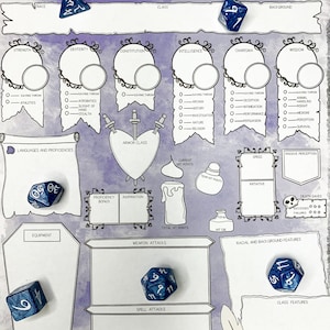 May include: A blue and white character sheet for a tabletop role-playing game. The sheet includes spaces for character name, class, race, alignment, background, level, experience points, strength, dexterity, constitution, intelligence, wisdom, charisma, saving throws, skills, languages, proficiencies, armor class, hit points, speed, initiative, passive perception, death saves, racial and background features, class features, equipment, weapon attacks, spell attacks, and more.