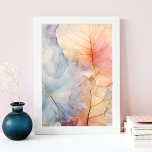 Arte della parete con foglie autunnali ad acquerello, azzurro e arancione, modello etereo di foglie traslucide, decorazioni stampabili ispirate alla natura, download digitale