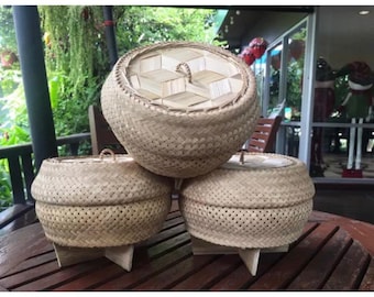 Bamboo Sticky Rice Steamer Basket, Handwoven Thai Rice Steamer, 7 Inch Sticky Rice Bamboo Basket with Hardwood Base, Rattan Stitching