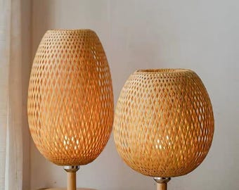 Handgeweven rotan tafellamp, boho esthetische bedlamp, natuurlijk geweven lamp voor rustiek interieur