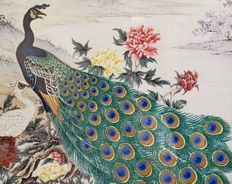 Peacock wall art, Singed print, Peacock Painting print on silk canvas, Oriental painting, Oriental decoration, Chinese art print, Tseng Yang