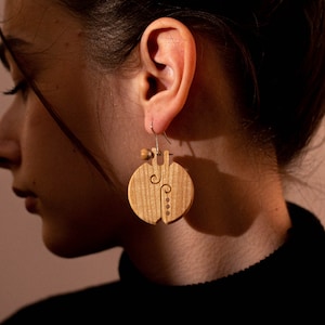 Wooden Dangle Earrings Ash and Walnut Wood Jewelry, Gift for Her, Big Boho Earrings, Drop Earrings Ash Wood