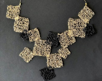 Geometric necklace - gold and black, statement, filigree, handcrafted, gift for her