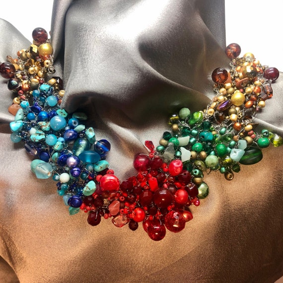 Statement necklace colourful bright glass and semi precious stone beads handmade gift for her