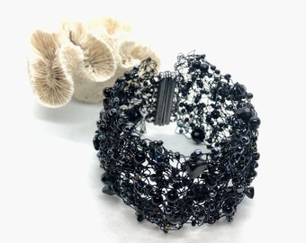 Black cuff bracelet - beaded, elegant, mesh, woven, women's jewellery, gift for her