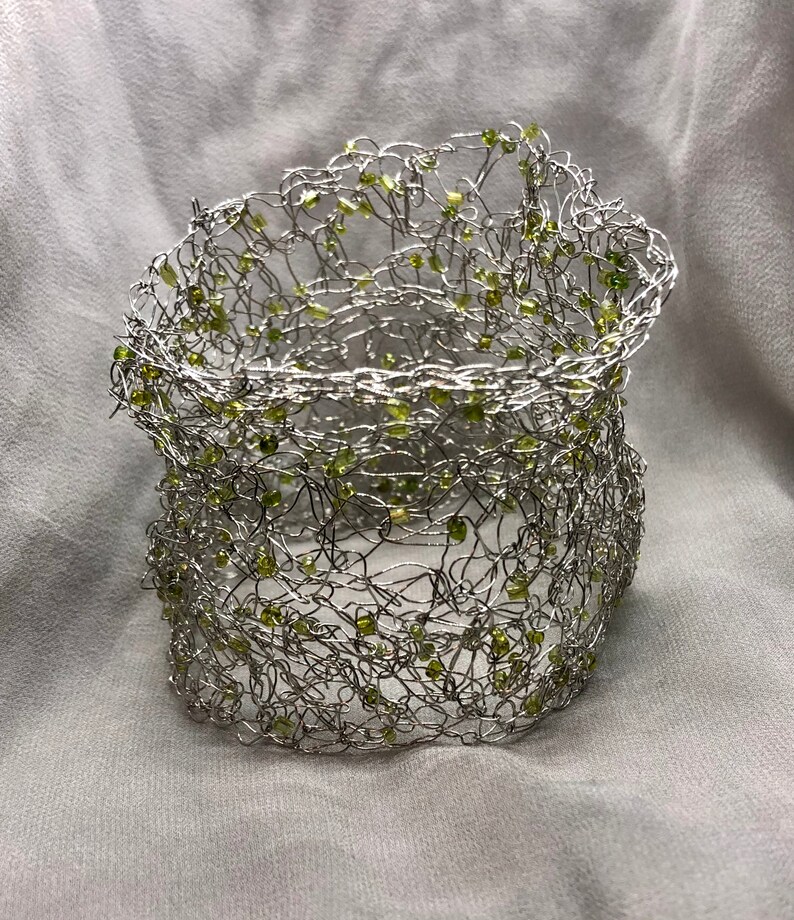 women/'s jewellery beaded bracelet Cuff bracelet unique crocheted wire mesh organic shaped silver and green cuff