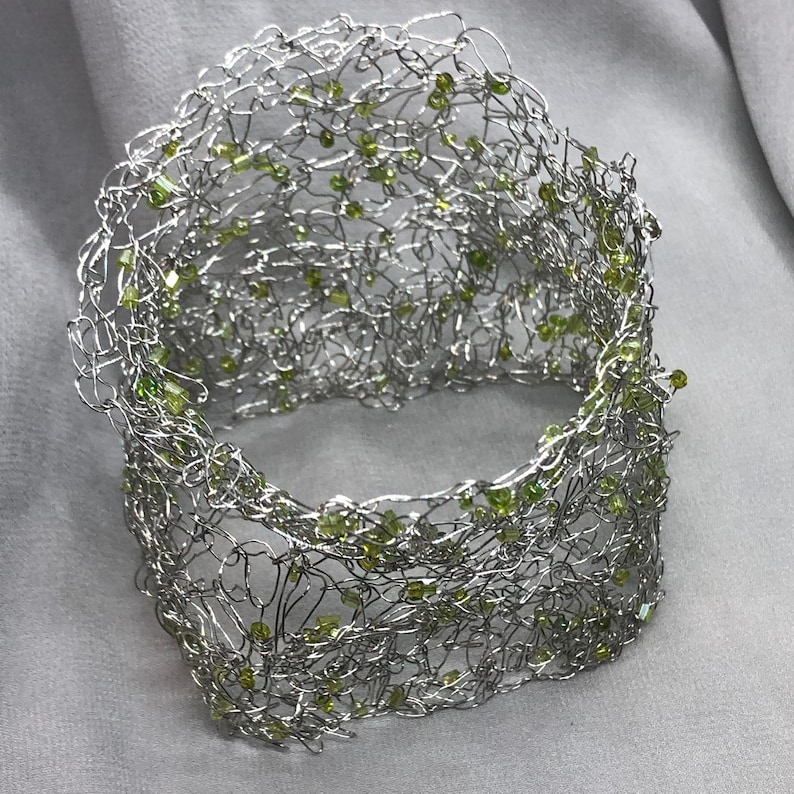 women/'s jewellery beaded bracelet Cuff bracelet unique crocheted wire mesh organic shaped silver and green cuff