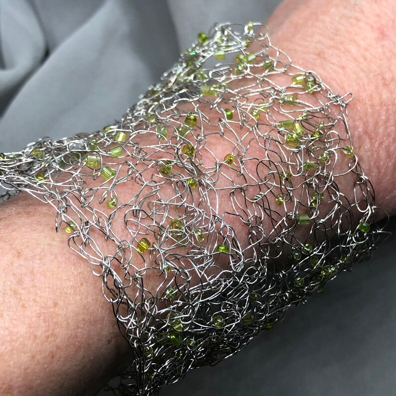 women/'s jewellery beaded bracelet Cuff bracelet unique crocheted wire mesh organic shaped silver and green cuff