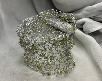 Cuff bracelet - silver and green cuff, beaded bracelet, organic shaped, wire mesh, crocheted, unique, women's jewellery