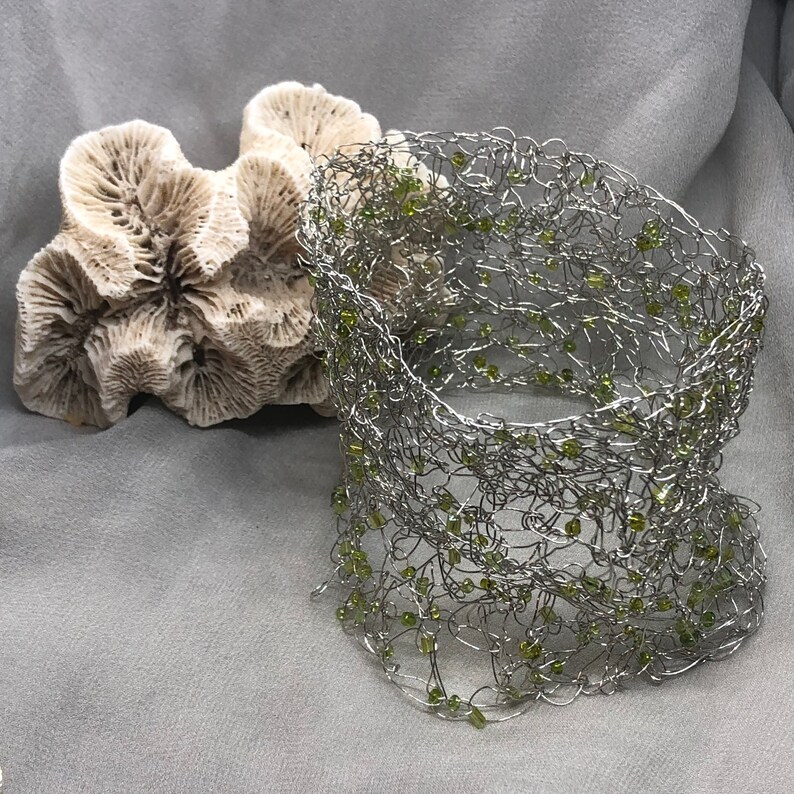 women/'s jewellery beaded bracelet Cuff bracelet unique crocheted wire mesh organic shaped silver and green cuff