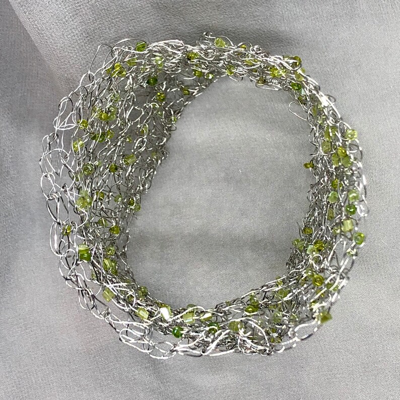 women/'s jewellery beaded bracelet Cuff bracelet unique crocheted wire mesh organic shaped silver and green cuff