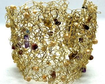 Cuff bracelet - Gold, statement bracelet, unique, woven, mesh, beaded, women's jewellery