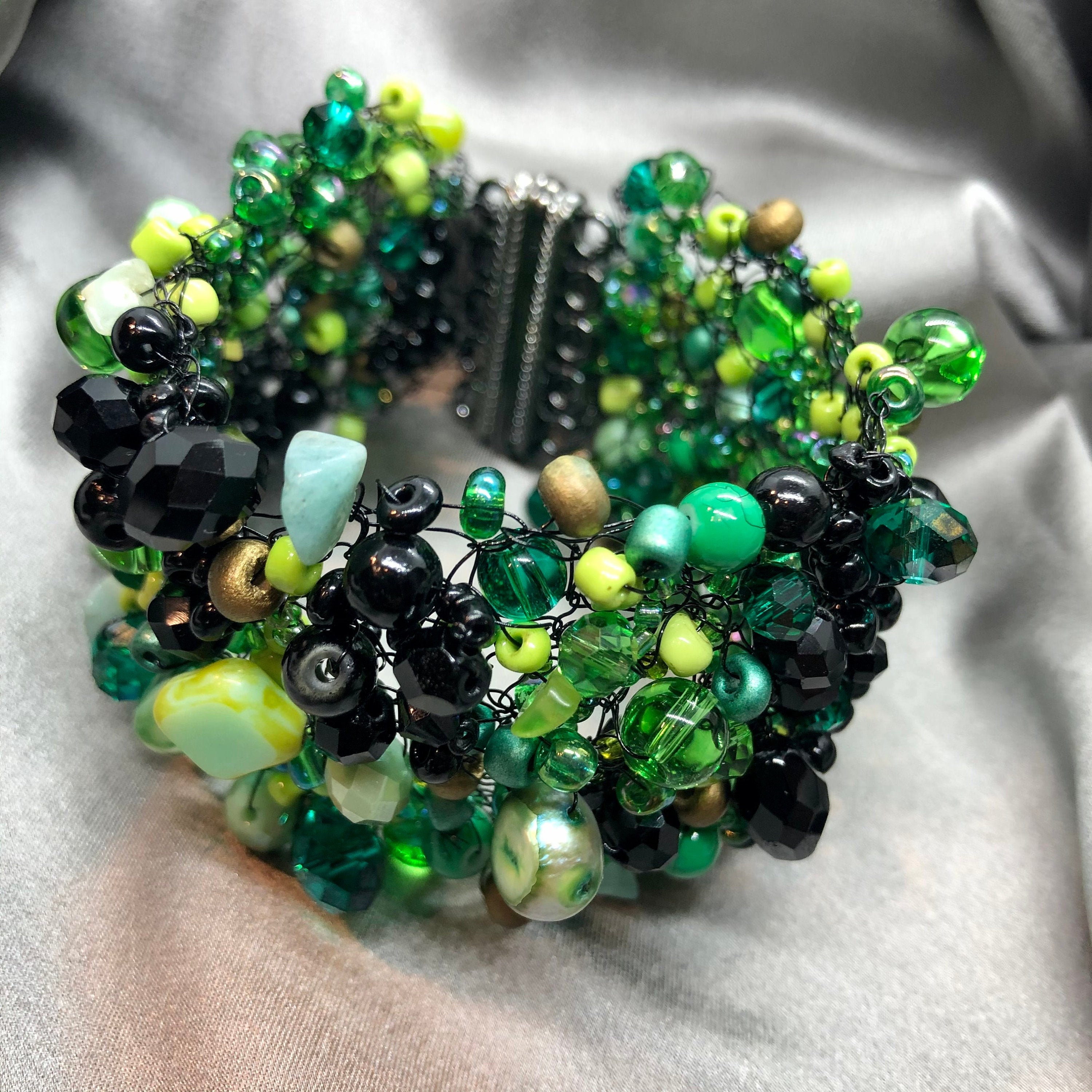 Green Cuff Bracelet Beaded Handmade Women's Jewellery Etsy UK