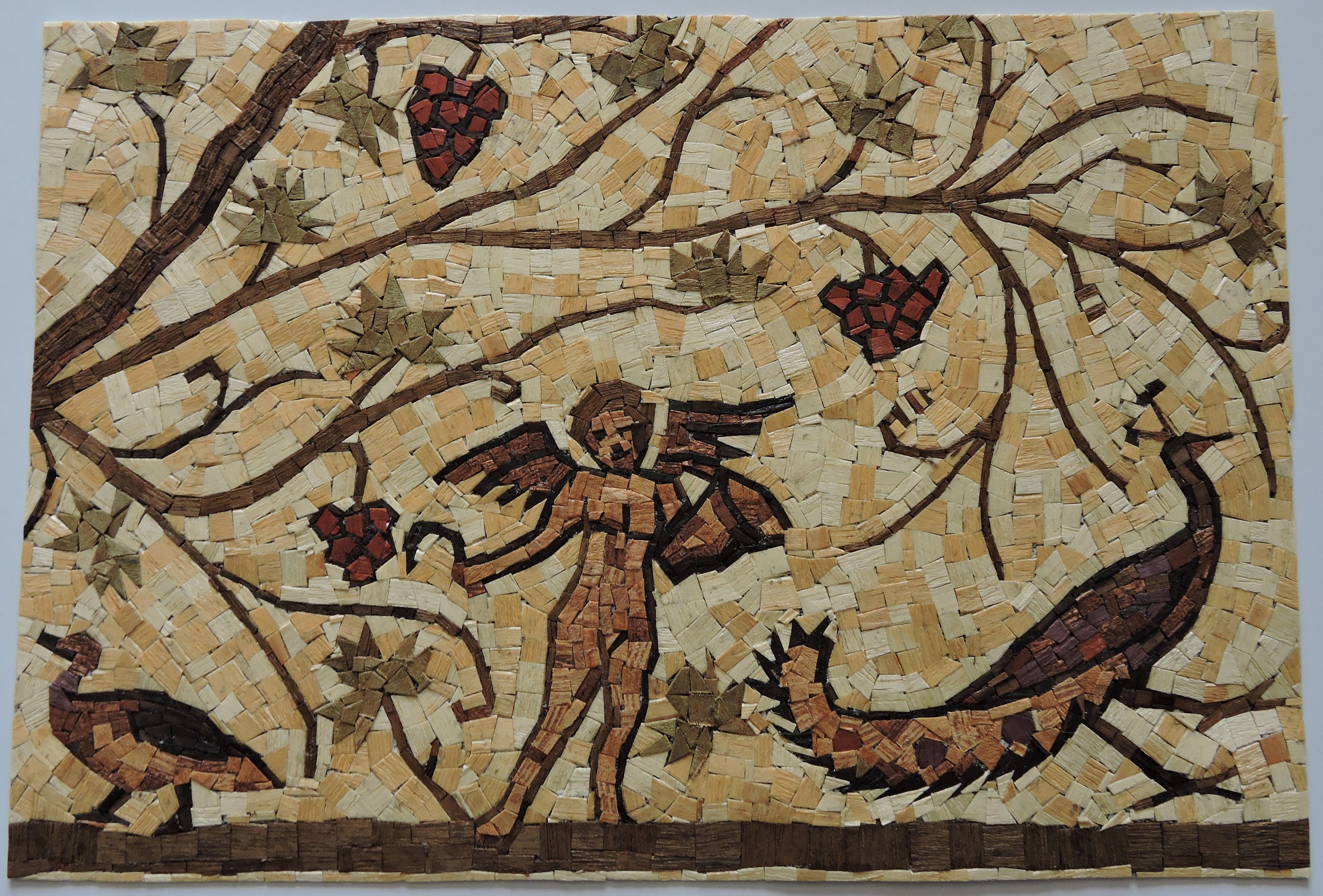 Amour Vendangeur Bis Reproduction d'une Mosaïque Antique Romaine en Bois Précieux