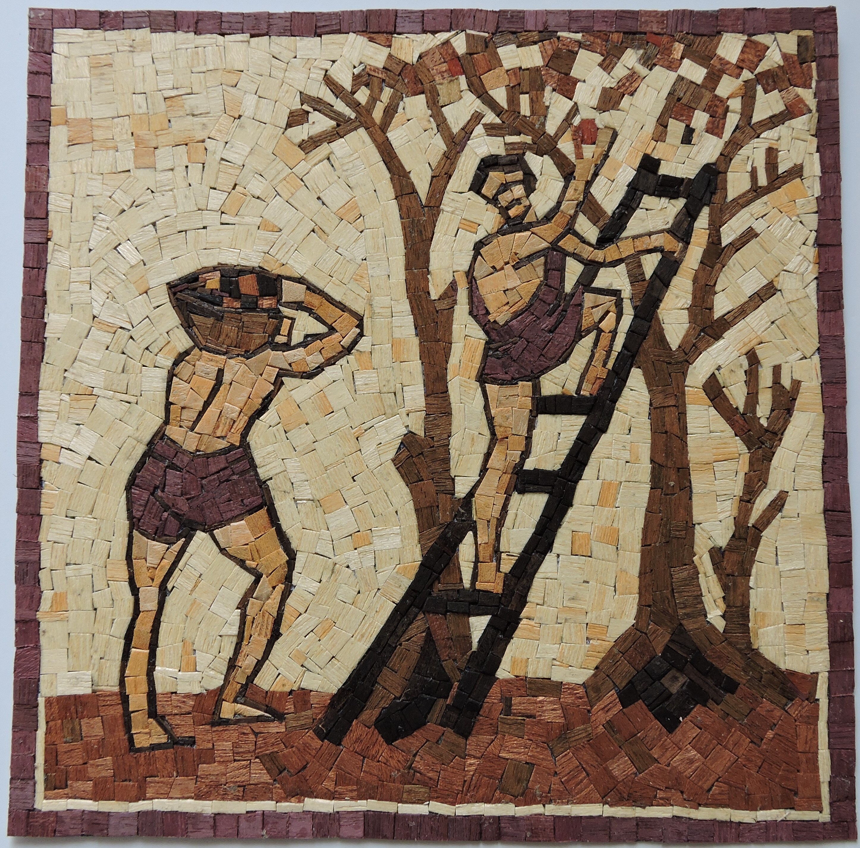 Cueillette de Pommes Reproduction d'une Mosaïque Antique Romaine en Bois Précieux