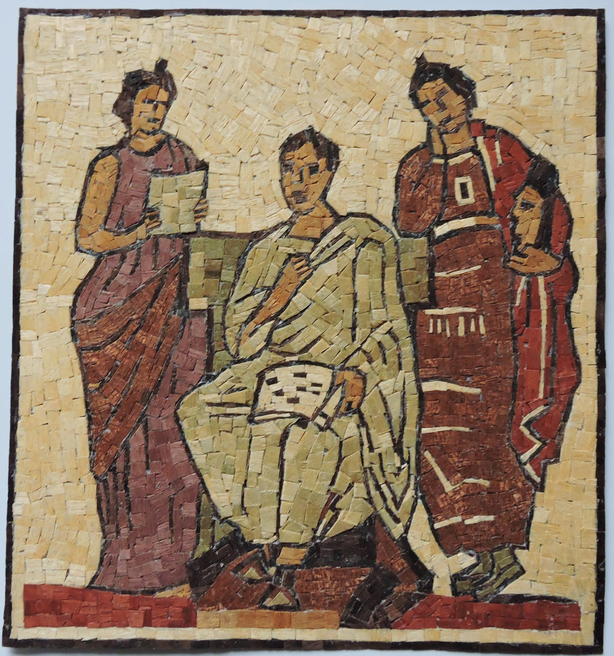 Virgile Clio et Melpomène Reproduction d'une Mosaïque Antique Romaine en Bois Précieux