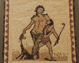 Drunken Dionysus reproduction of an ancient Roman mosaic in precious wood