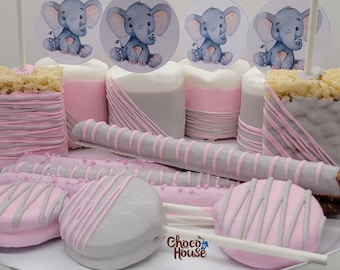 Baby Elephant Baby Shower treats  Candy table bundle. Pink and gray Baby girl color. Elephant  topper. 48 pc