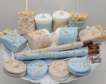 48ct Baby shower treats bundle Birthday party chocolate covered treats.  Light blue   beige and gold sprinkles.