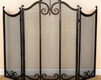 Burnished Antique Bronze Fireplace Screen with Scroll Pattern